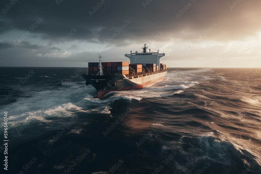 A large ship transports freight across the ocean for international trade and logistics purposes. Generative AI