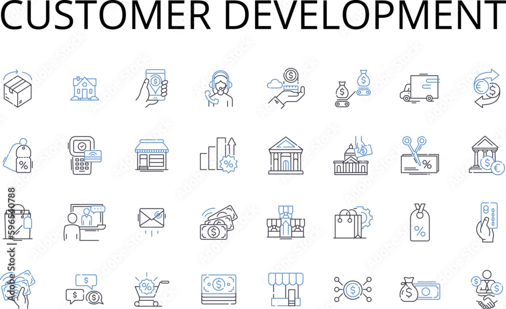 Customer Development line icons collection. Sales Growth, Team Building, Product Innovation, Branding Strategy, Marketing Research, Market Segmentation, Customer Retention vector and Generative AI