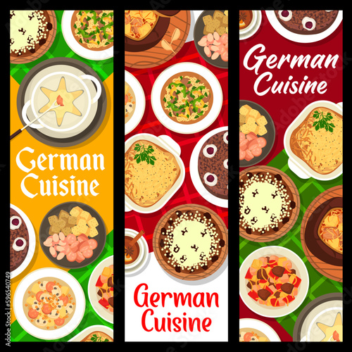 German cuisine restaurant meals banners. Christmas cake, cheese fondue and beef pepper goulash, bavarian soup, sausages and cake Black Forest, Hamburg pie, kidney Eintopf and potato sausage beer soup