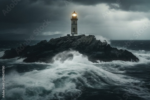 A lighthouse perched on a rocky island amid ocean waves; illuminated by a beam of light in a cloudy sky. Generative AI