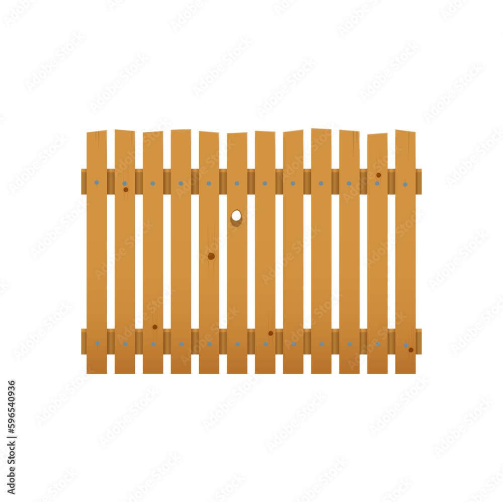 Wooden fence. Ranch border, garden palisade or farm plank barrier Rustic house banister or yard fence isolated vector section. Village home fencing, rural boundary with bough hole in wooden planks