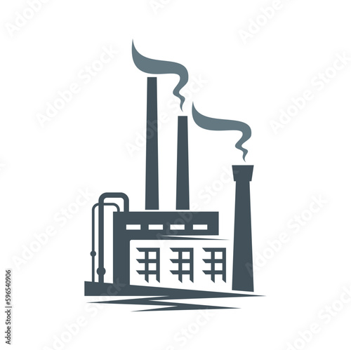 Factory plant icon of power industry manufacture, vector silhouette. Gas, oil and coal production factory building, petrochemical energy, nuclear or chemical industry and heavy metallurgy plant symbol