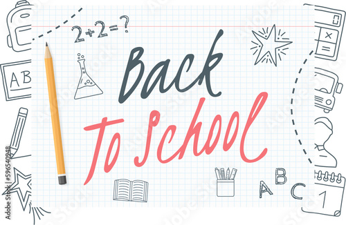 Back to school text on paper with hand drawn icons around it