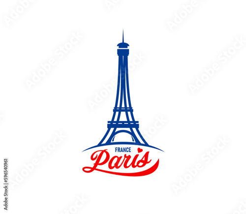 Paris Eiffel tower simple emblem. Europe famous architecture, french city Eiffel tower or France historic landmark vector icon. Paris romantic journey monument emblem or sign