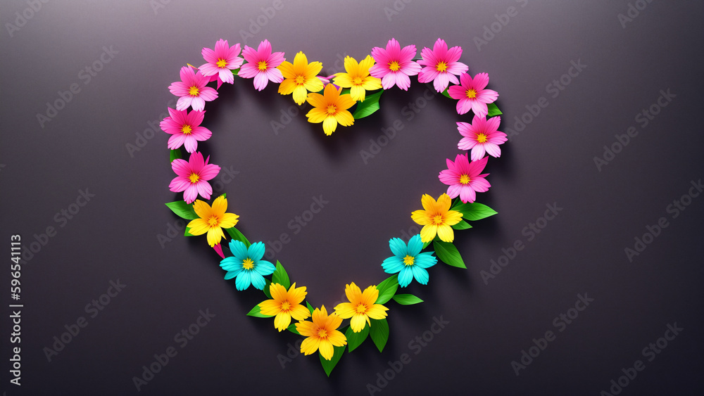 AI generated illustration of an elegant heart frame made by flowers with copyspace for your text or image