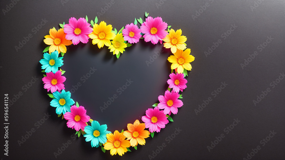 AI generated illustration of an elegant heart frame made by flowers with copyspace for your text or image