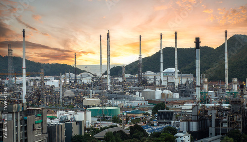 Aerial view of oil and gas industry - oil refinery, drone shot, oil refinery and petrochemical plant at Twilight, Bangkok, Thailand.