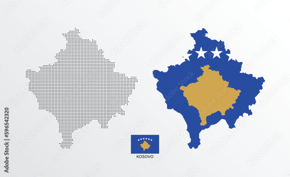 Set of political maps of Kosovo with regions isolated and flag on white background