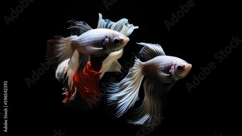 Beautiful siamese betta fish, fighting siamese fish with green blue red orange gold black colours , underwater photography isolated on black background, Generative AI © ribelco