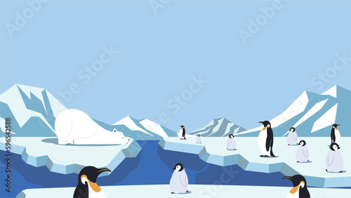 シロクマと多くのペンギンで飾られた北極の背景テンプレート　Arctic background template decorated with polar bear and many penguins