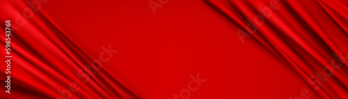 Abstract background with scarlet silk fabric border. 3d texture of elegant luxury red satin cloth. Banner template with smooth textile drapes and copy space in center, vector realistic illustration