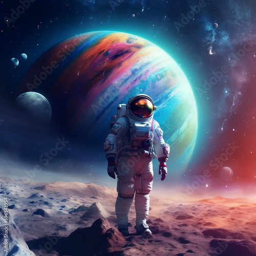 Astronaut in space on a new planet background with the colorful space, solar system