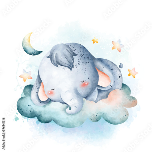 Photography Watercolor illustration Cute baby elephant sleeping on the cloud with moon and s