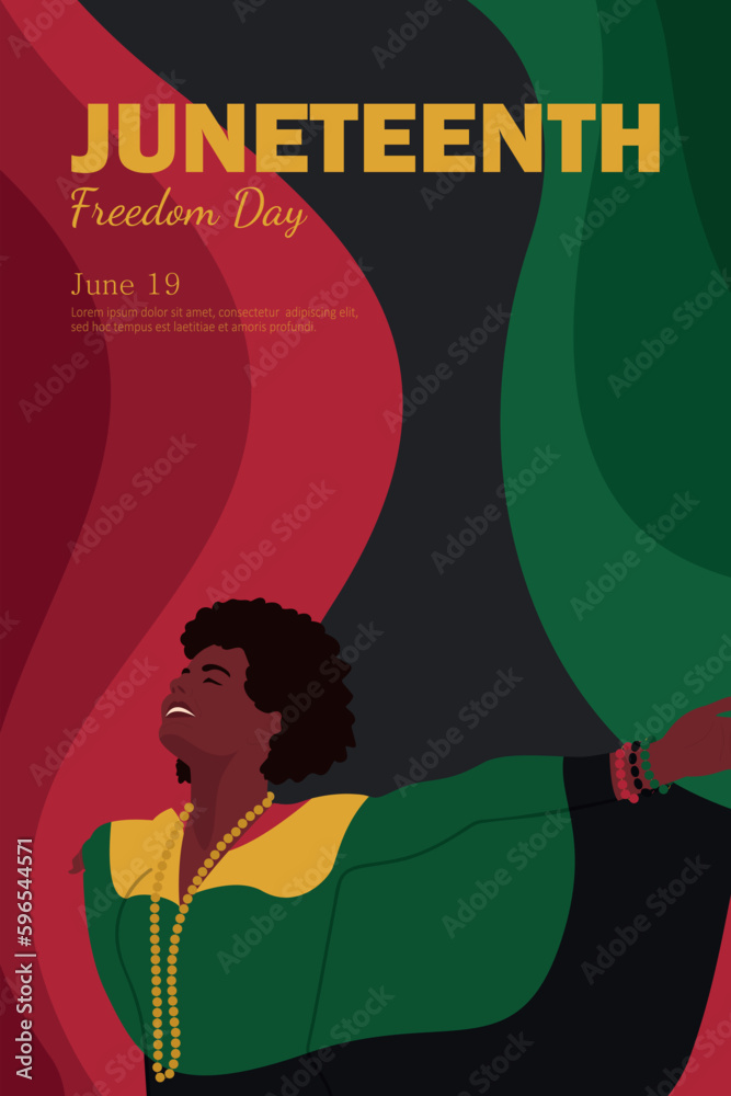 Obraz premium Vector vertical banner with black woman on red, green and black background color of African flag. Freedom or Emancipation Day. Annual American holiday. Banner for website, social media, print.