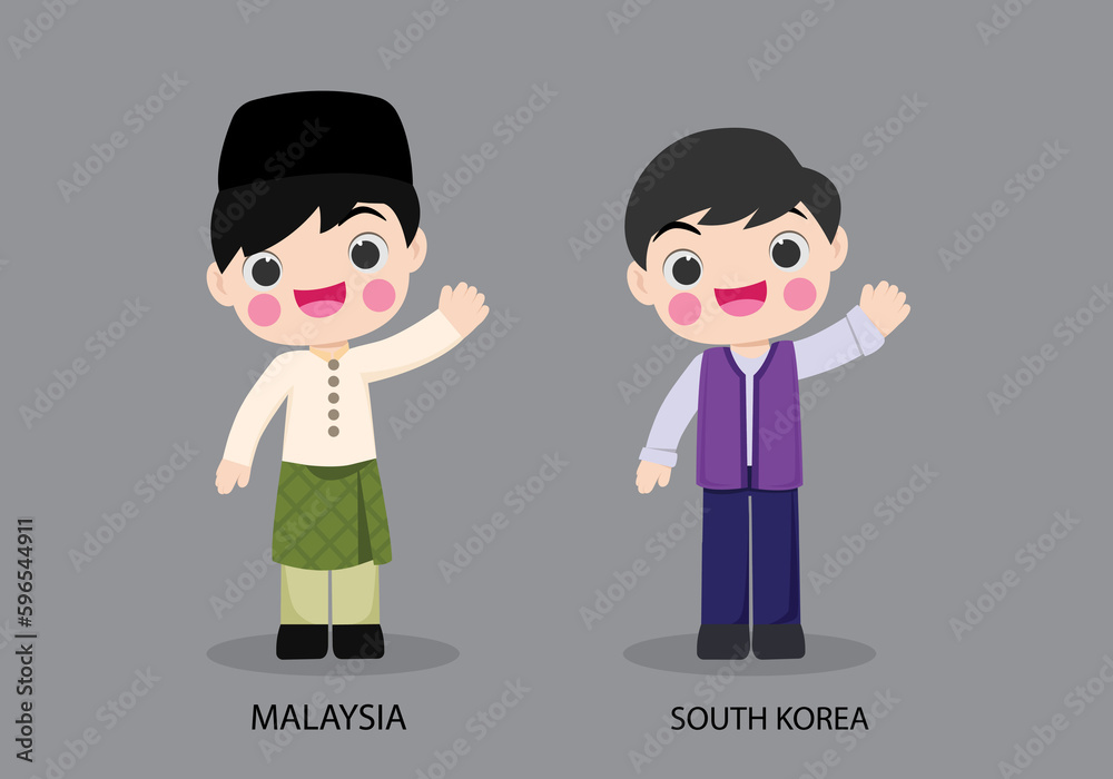 Malaysia peopel in national dress. Set of South Korea man dressed in national clothes. Vector flat illustration. Malaysia peopel in national dress. Set of South Korea man dressed in national clothes. Vector flat illustration.