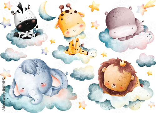 Canvas Print Watercolor illustration set of Sleepy baby animals with cloud and stars