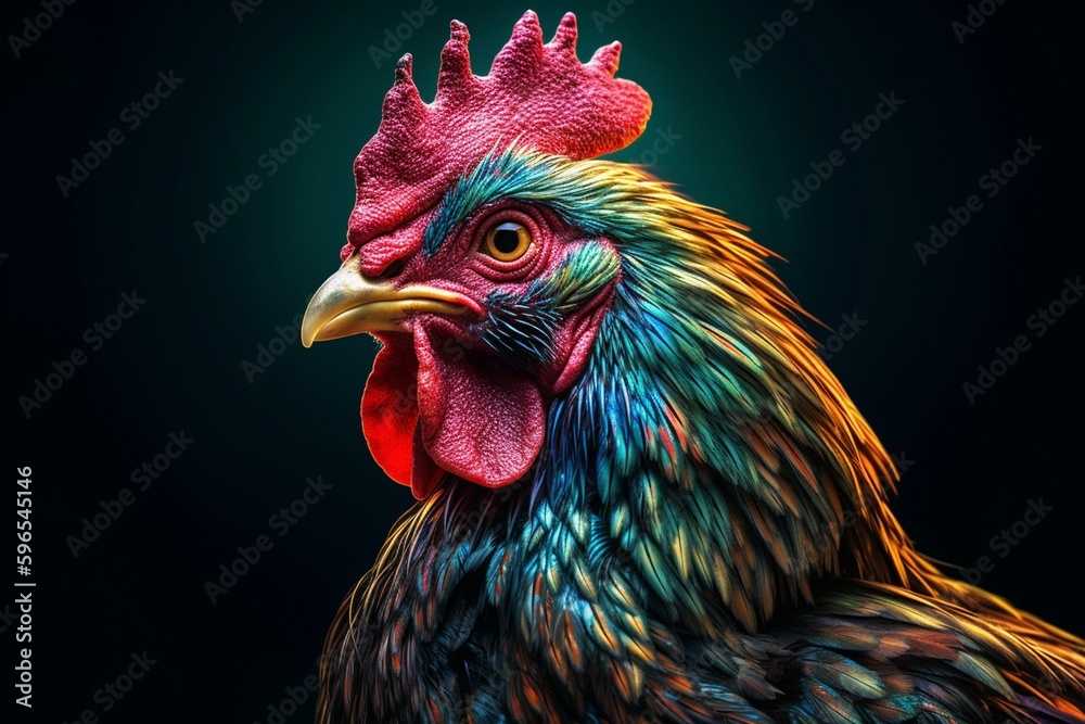 Colorful rooster, made in a psychedelic art style. Generative AI