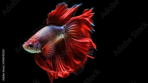 Beautiful siamese betta fish, fighting siamese fish with green blue red orange gold black colours , underwater photography isolated on black background, Generative AI