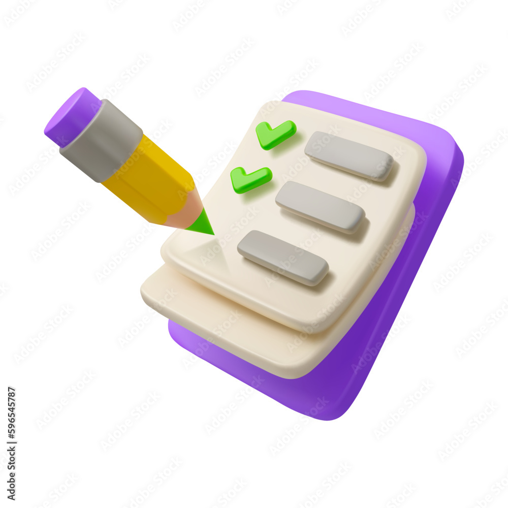 Vector 3d icon todo list with checkmark and pencil. Survey or feedback concept, isolated on white background Vector 3d icon todo list with checkmark and pencil. Survey or feedback concept, isolated on white background