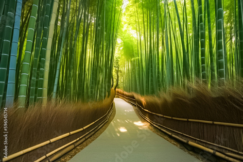Imagination of an empty walking path in the serene bamboo grove forest of Japan. generative AI.