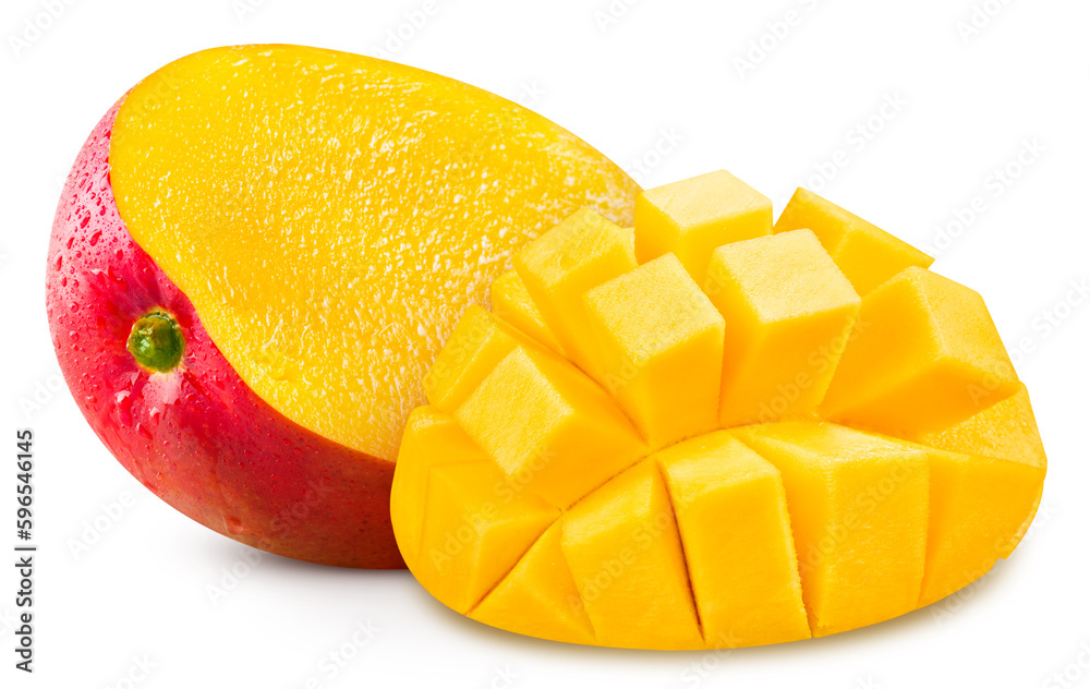 Red mango half isolated on white background. Mango clipping path. Mango fruits Red mango half isolated on white background. Mango clipping path. Mango fruits