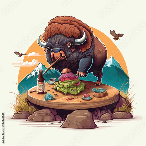 surprise-Buffalo-eating-Sushi,-Buffalo character, artistic, print design, for t-shirt and case
