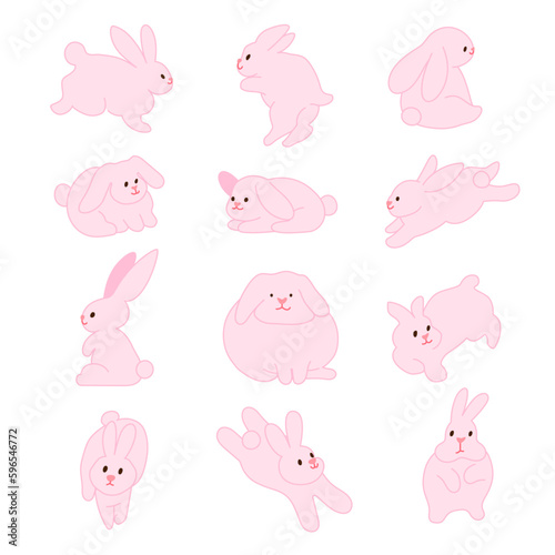 Hand drawn pink rabbit flat illustration sticker set
