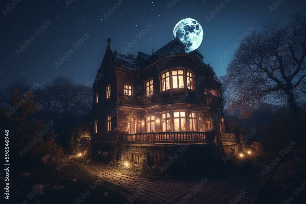 A love-filled Valentine's night, as a heart-shaped moon illuminates over the lovers' house. Generative AI