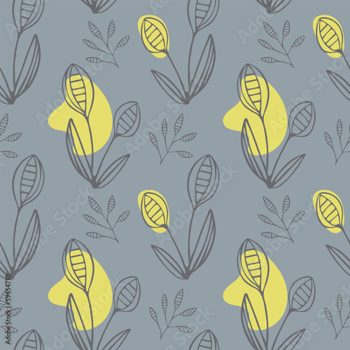 Seamless pattern with hand drawn spring flowers and plants in sketch style. Monochrome vector endless nature background.