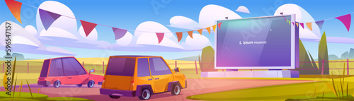 Day drive in outdoor cinema parking illustration. Theater festival with garland for auto on big screen. Air entertainment event for watching film in car outside in summer. Modern video performance