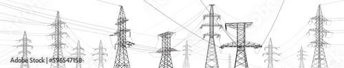 High voltage transmission systems. Electric pole. Power lines. A network of interconnected electrical. Energy pylons. City electricity infrastructure. Gray otlines on white background. Vector design © panimoni