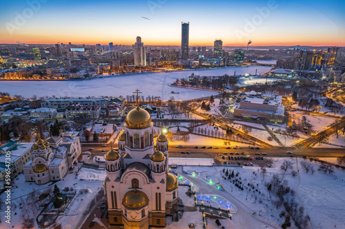 Winter Yekaterinburg and Temple on Blood in beautiful blue clear sunset. Aerial view of Yekaterinburg  Russia. Translation of the text on the temple  Honest to the Lord is the death of His saints.