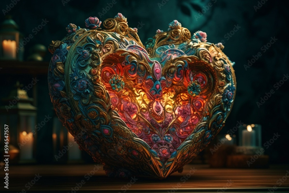 A vibrant, intricate heart-shaped art piece. Generative AI