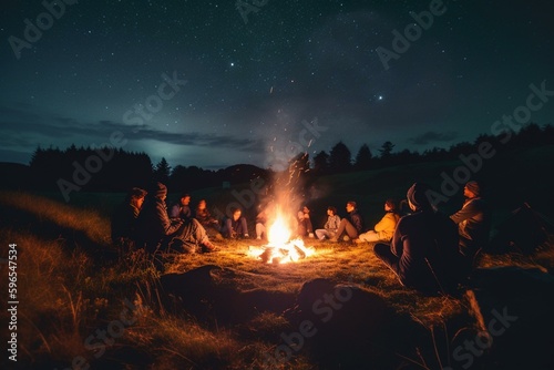 People enjoy campfire, roasted marshmallows & starry night sky during camping. Generative AI