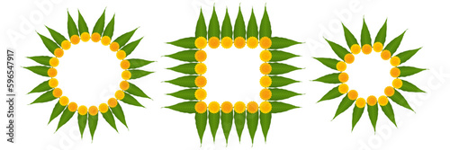 Traditional Indian flower garland frame with marigold flowers and mango leaves. Decoration for Indian Hindu holidays and festivals. Poster, template, banner design. 