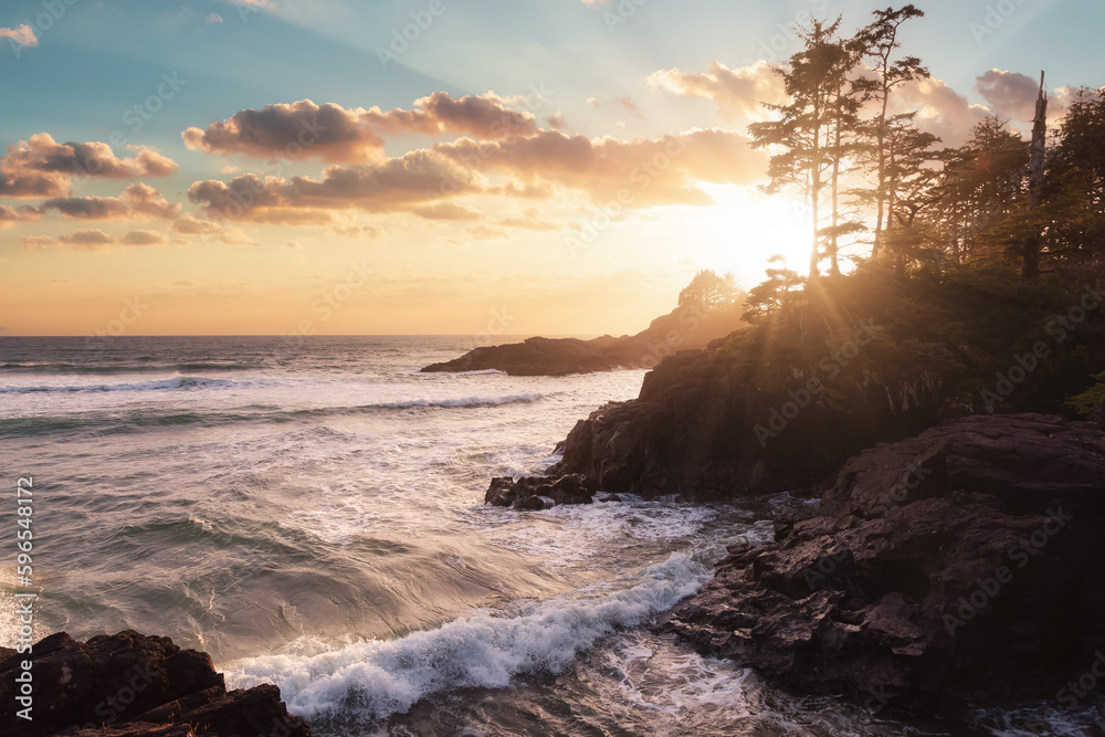 Obraz premium Rocky Shore on West Coast of Pacific Ocean in Tofino. Cox Bay in Vancouver Island, British Columbia, Canada. Sunset Sky Art Render.