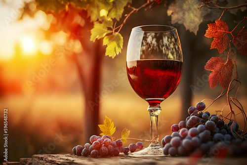 Glass of natural red wine on wooden table with grape vines on blurred rural sunset vineyard landscape. Production of natural wine at the winery. Generation ai