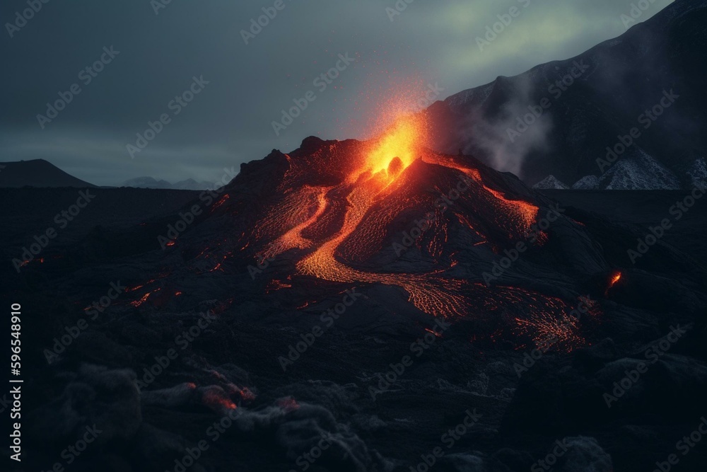 Volcano emitting lava with natural mountain landscape. Generative AI