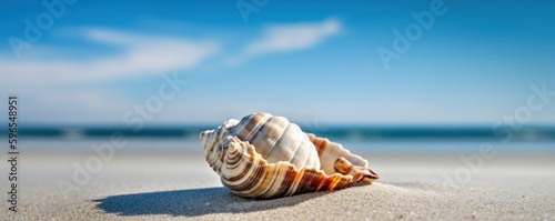 Sea shell on tropical sea and sandy beach blue sky background. Generative AI