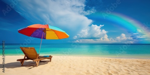 Summer Chair and umbrella on tropical sea and beach with blue sky background. Generative AI