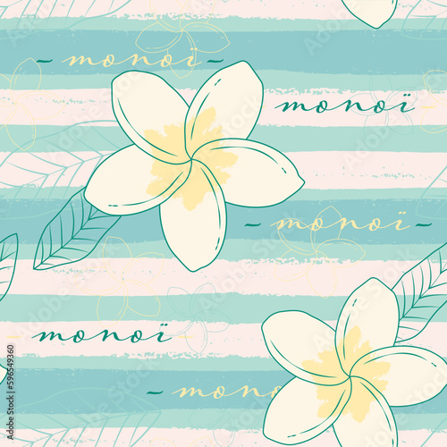 Frangipani, Tiare, Monoi Tropical Flower Seamless Background for Summer Sticker, Print, Card, Poster, Eco Bag and Garment.