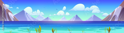 Summer mountain landscape with lake. Vector cartoon illustration of beautiful natural scene with rocky Alpine range, clear blue water in river, birds flying high in sunny sky. Travel banner design