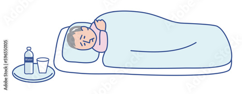 病気で寝ている高齢男性のベクターイラスト
