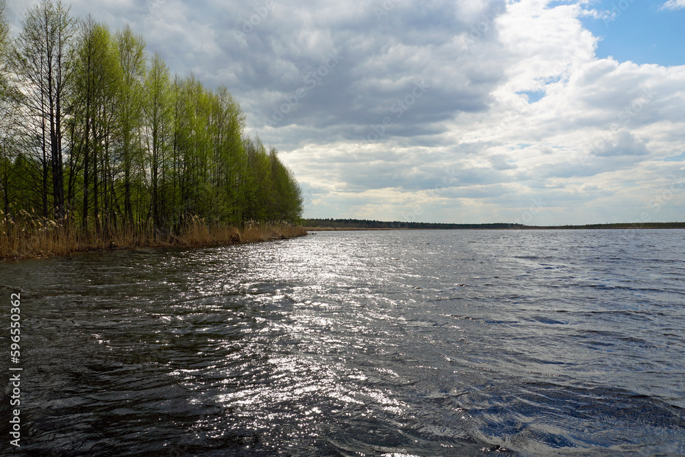  Beautiful clouds over the water in the Berezinsky Reserve on the shore of Lake Plavno. Spring. April.