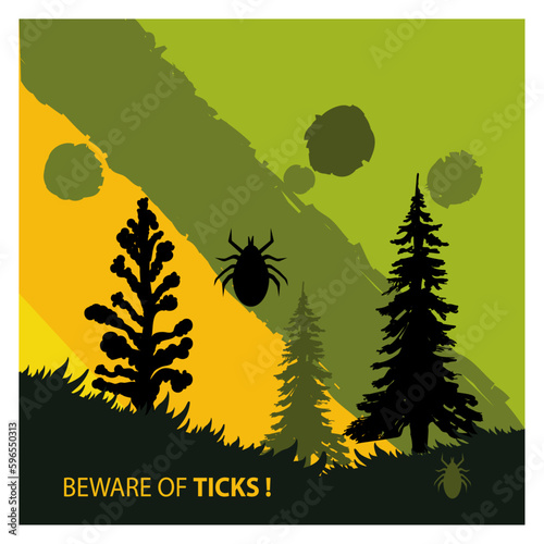 Beware of ticks warning signs to bite and infection insect virus for preventing Lyme or lymphoma awareness disease Vector tick attention caution parasite insects sign Borreliosis borrelia or encephali photo