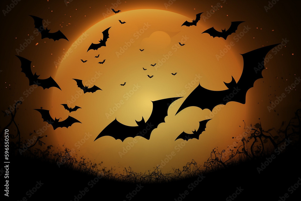 Bats flying in the sky lit by the full moon on Halloween night. Generative ai.