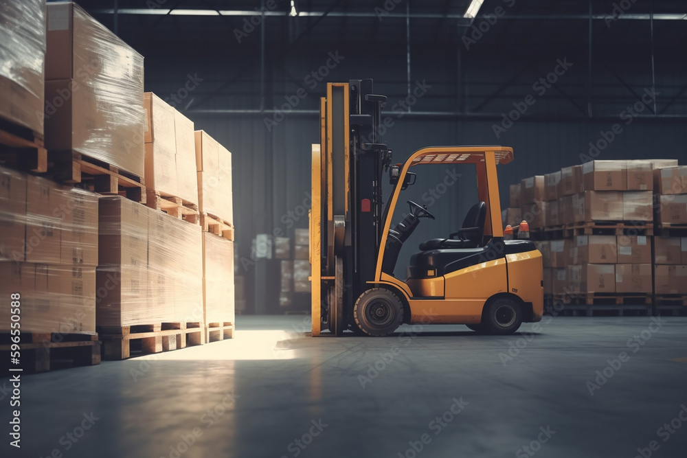 A forklift loads pallets in a huge warehouse. AI generative.