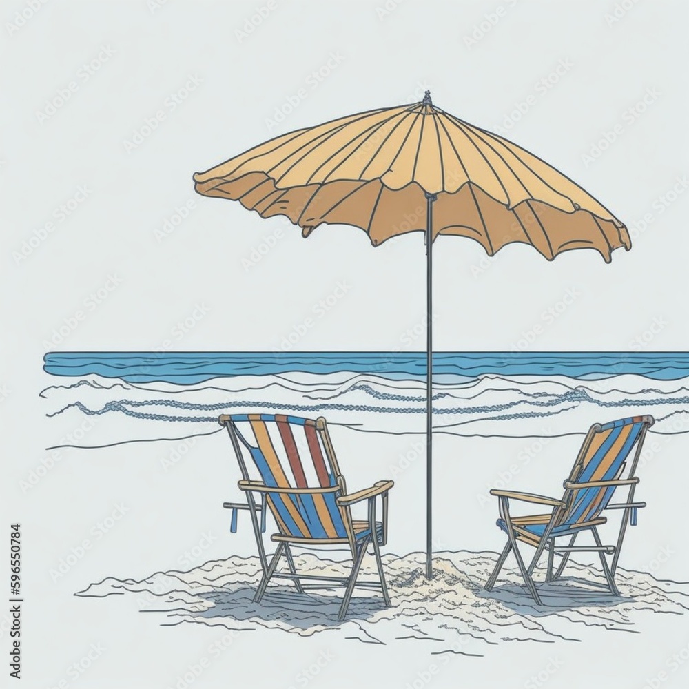 illustration of beach umbrella with chairs on the beach generative ai