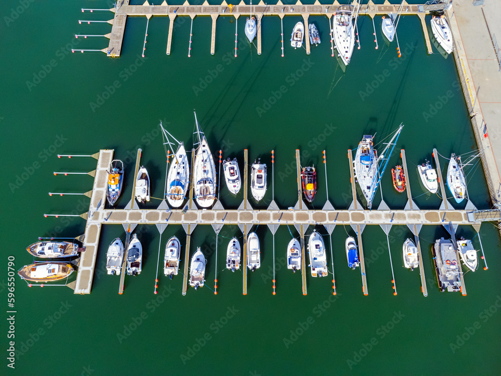 Aerial view landscape Poland Gdynia. View of parked boats and motorboats. Marina, marina, ships.