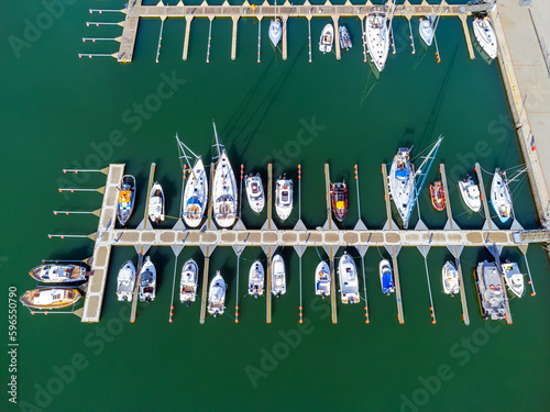 Obraz na płótnie Aerial view landscape Poland Gdynia. View of parked boats and motorboats. Marina, marina, ships. w salonie